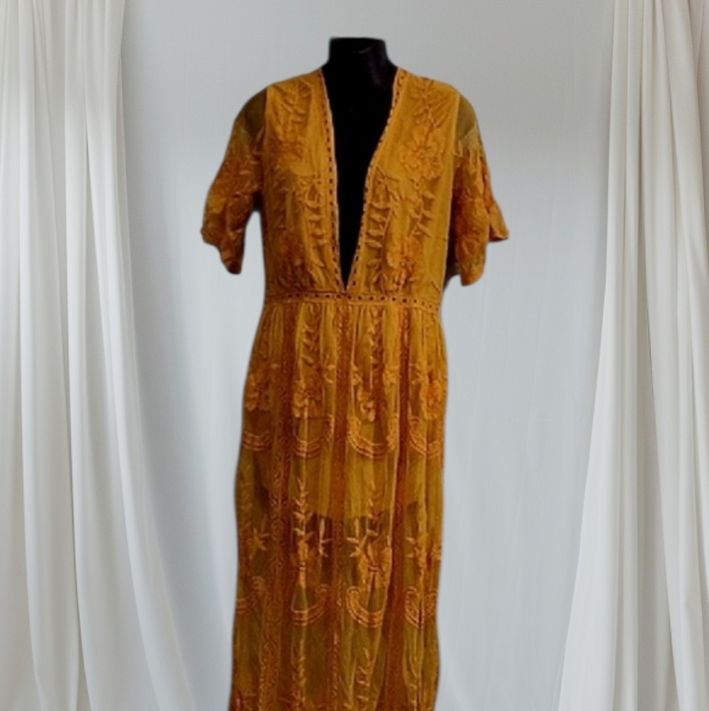 Honey Bunch Fun Mustard Colored Lace Romper (Shorts Under Long Skirt) (L)